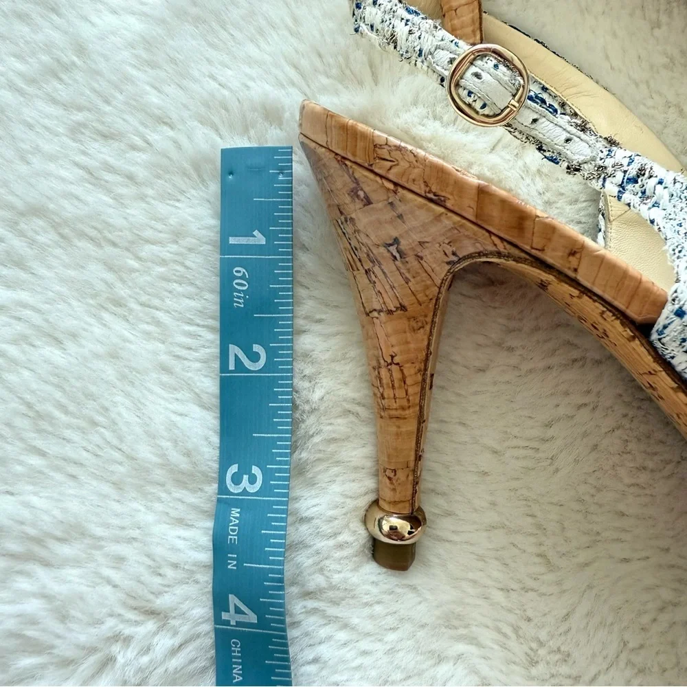 CHANEL Tweed Interlocking CC Blue White Slingback Size 40 EU or 10US Authentic